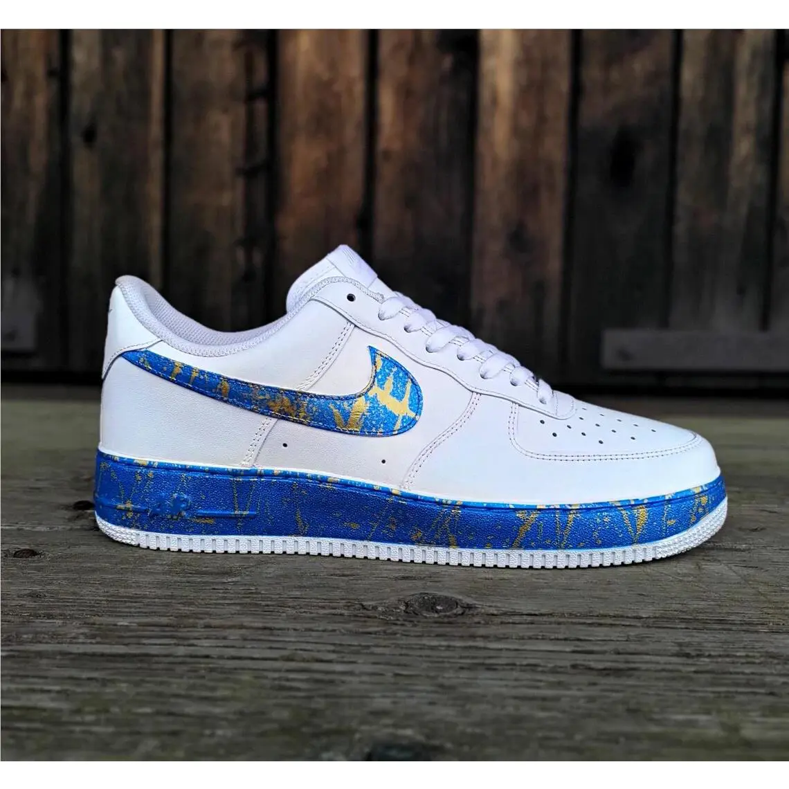 Nike Air Force 1 Custom Royal Gold Pearlescent Blue Splatter White Shoes Mens Womens