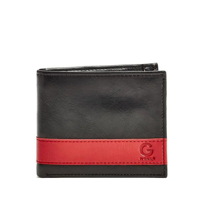 G BY  Black+red Striped Leather Men`s Bifold with Zipper Wallet by Guess