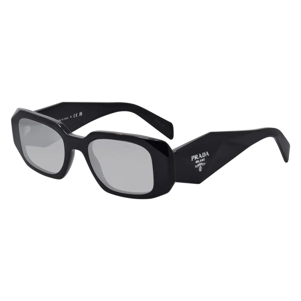 Prada PR 17WS 1AB2B0 Black Plastic Rectangle Sunglasses Silver Mirror Lens