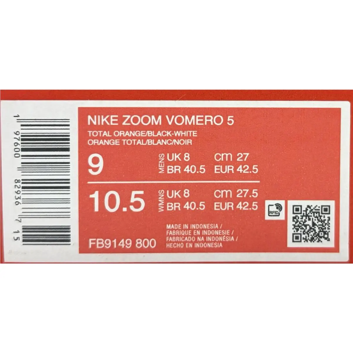Nike shoes - Nike Zoom Vomero 5 - Zoom Vomero - FB9149-800 - Total Orange/White/Metallic Platinum/Black (UPC: 00197600822153) 12