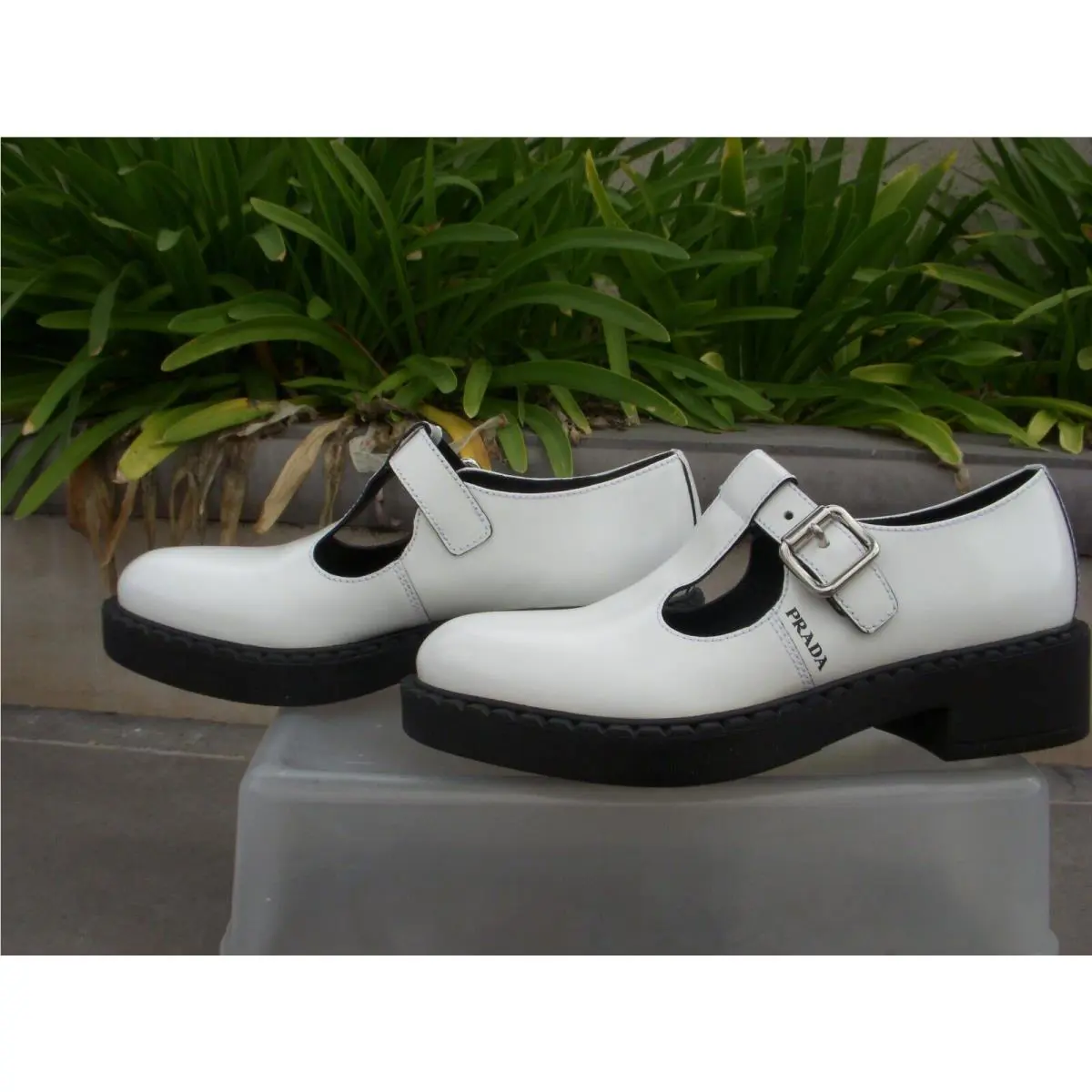 Prada Mary Jane Buckle Loafers Spazzolato Bianco1 White Calf Leather Wmn 37 7M