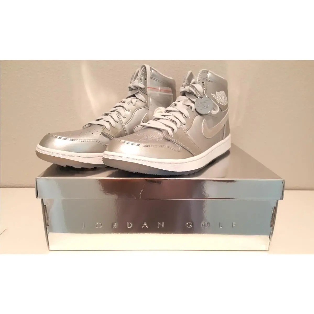 Men`s Air Jordan 1 High Golf Gift Giving Metallic Silver White FD6815-001 by Nike