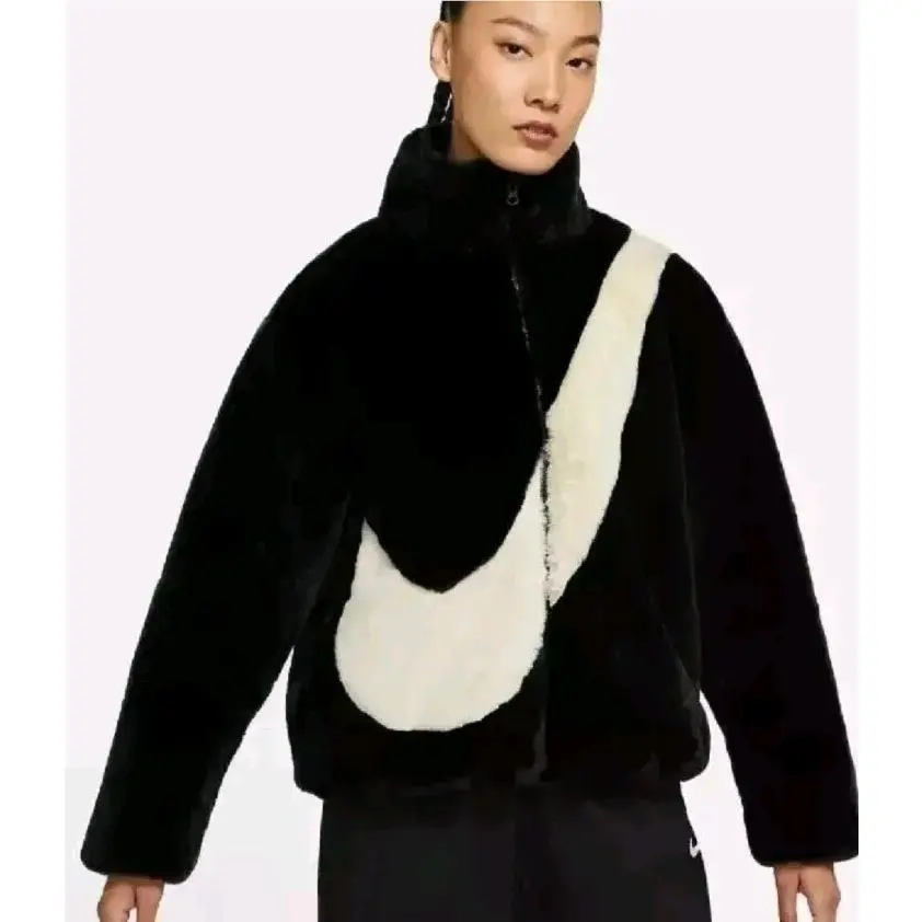 Nike Sportswear Fur Oversized Swoosh Jacket Black Sz L DO3791-010 Women`s