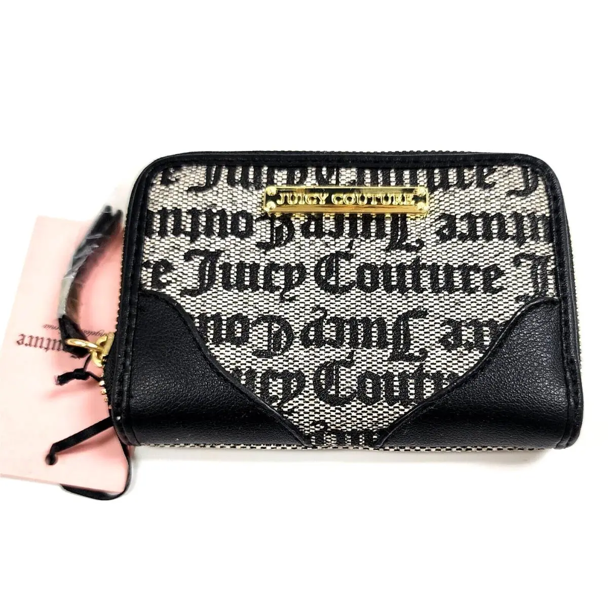 Juicy Couture Black Beige Grey Gold Logo Leatherette Canvas Zip Around Wallet