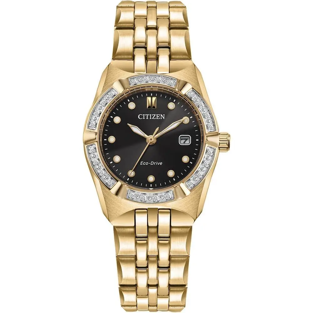 Citizen Eco Drive Corso Gold Tone Women`s Diamond 28MM Watch EW2712-55E - Dial: Black, Band: Gold, Bezel: Gold