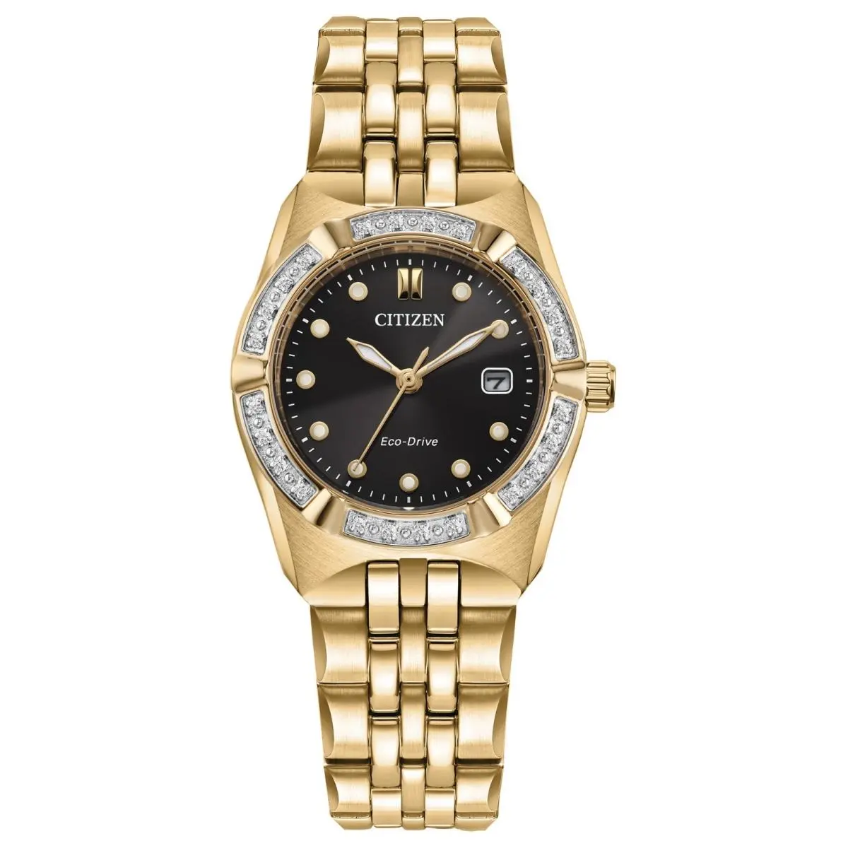Citizen Women`s Corso Date Window Gold Eco-drive Watch 28MM EW2712-55E - Dial: Black, Band: Gold
