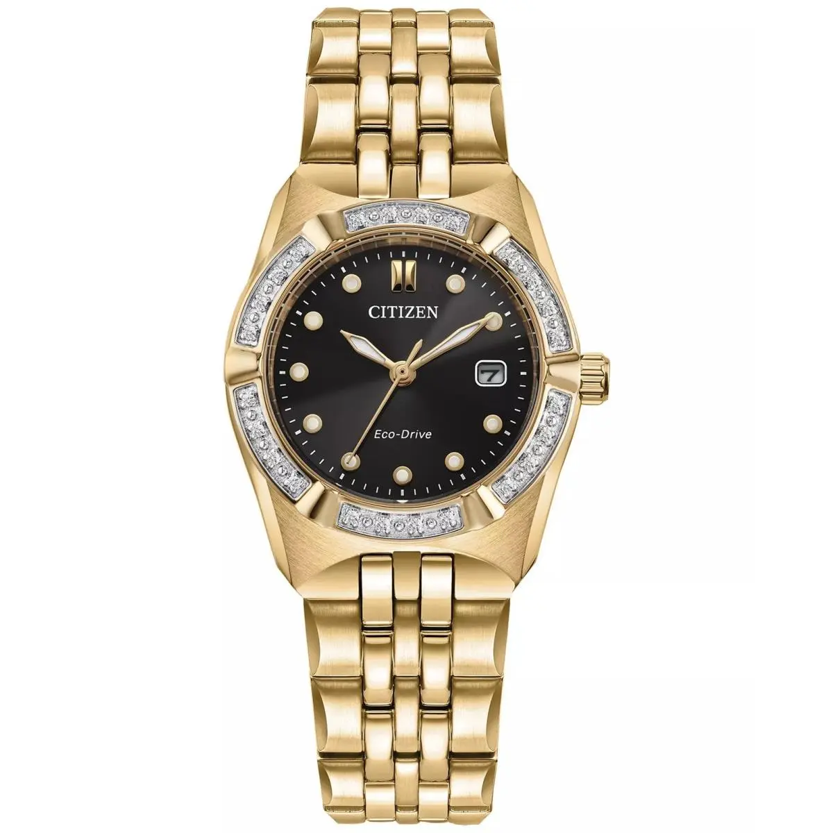 Citizen Women`s Corso 28mm Eco-drive Watch EW2712-55E - Dial: Black, Band: Gold Tone, Other Dial: Black