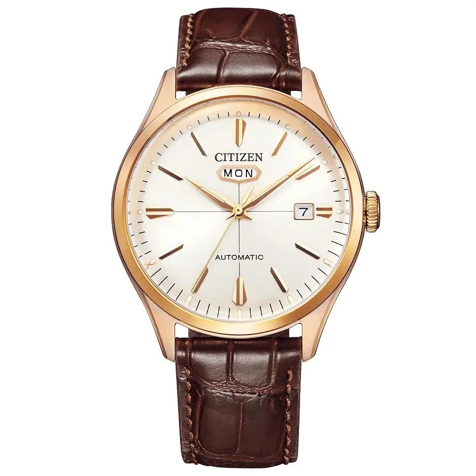 Citizen Automatic White Dial Brown Leather Day Date Men`s Watch NH8393-05A