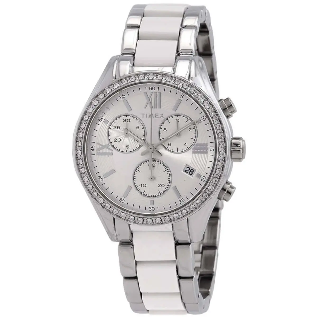 Timex Women`s Watch Classic Two Tone Silver Tone and White Bracelet TW2V74700 - Dial: Silver, Band: Silver, White