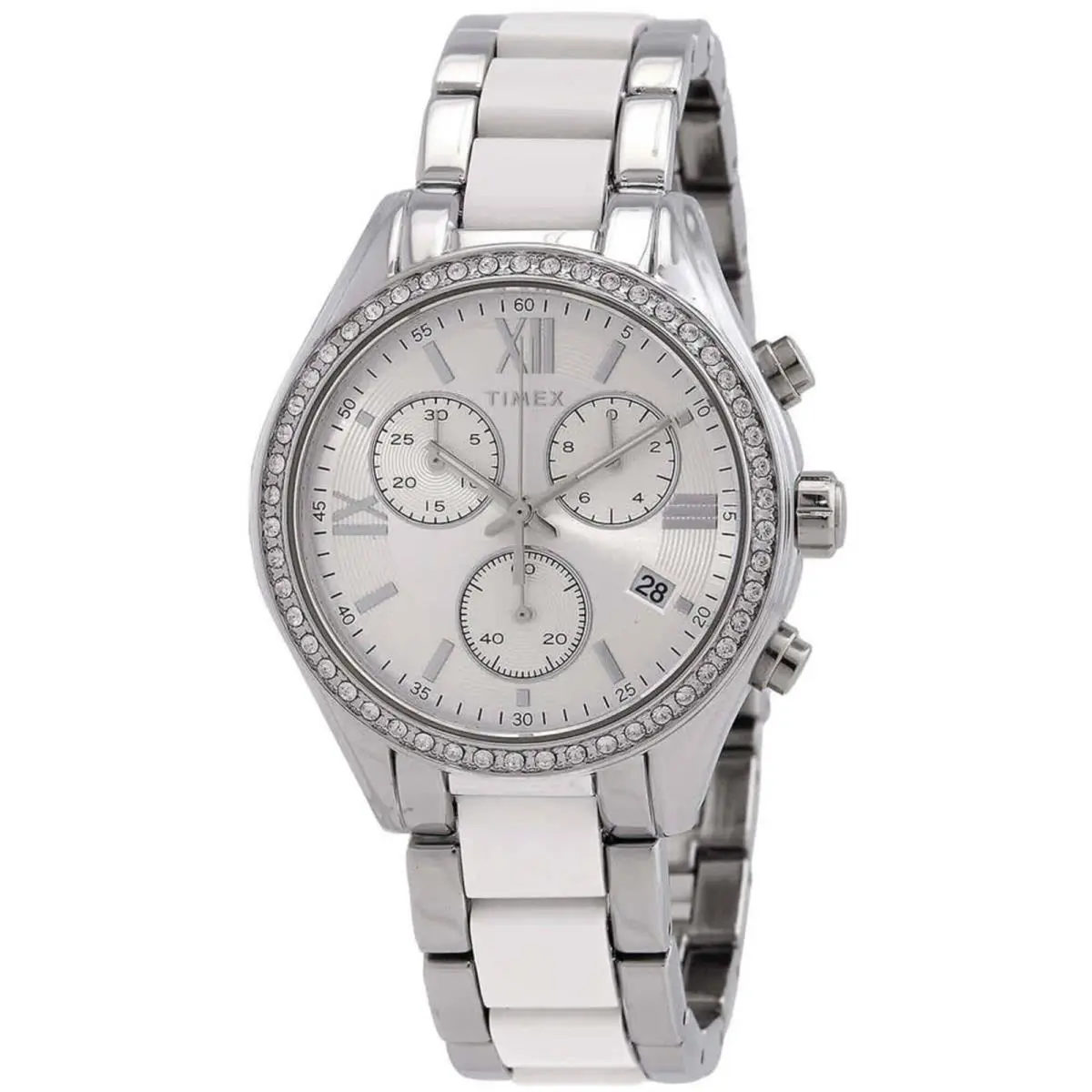 Timex Women`s Watch Classic Two Tone Silver Tone and White Bracelet TW2V74700 - Dial: Silver, Band: Silver, White