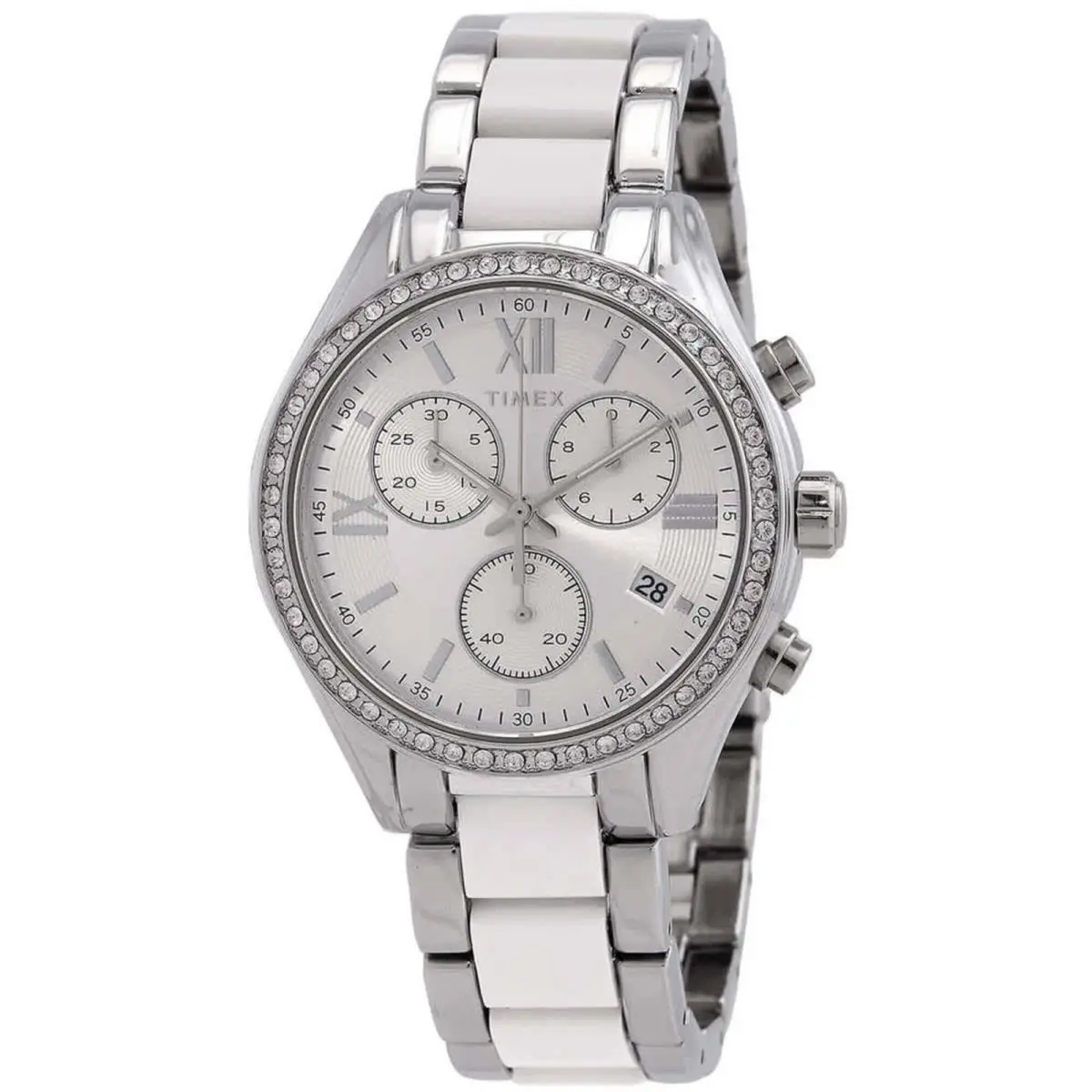 Timex Women`s Watch Classic Two Tone Silver Tone and White Bracelet TW2V74700 - Dial: Silver, Band: Silver, White
