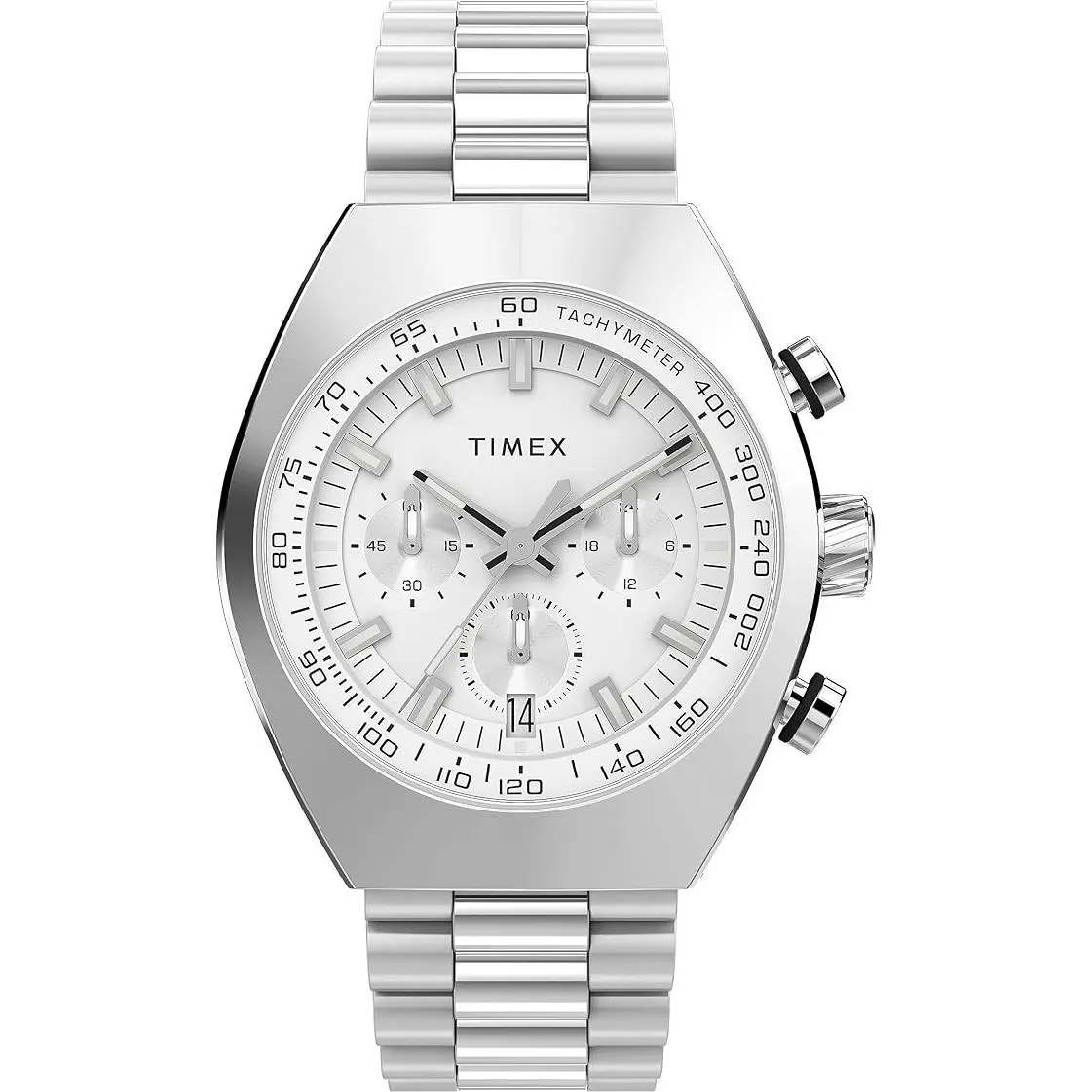 Timex Men`s Legacy Tonneau Chrono Watch 42MM Case Stainless Steel Silver Dial