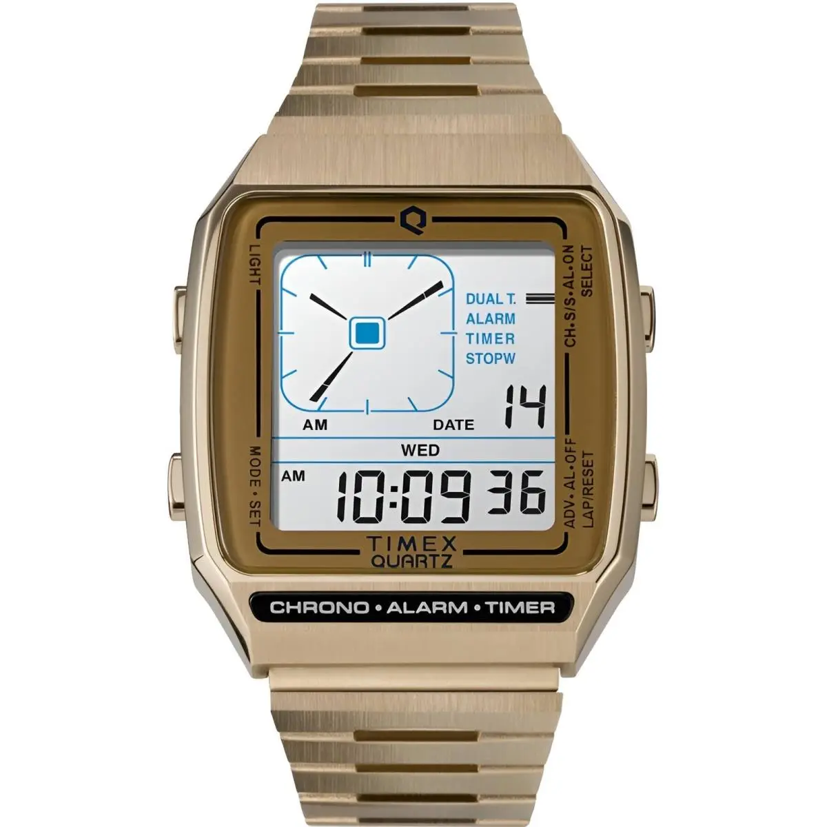 Timex Men`s Watch Q Timex Reissue White Dial Yellow Gold Bracelet TW2U72500ZV - Dial: White, Band: Yellow
