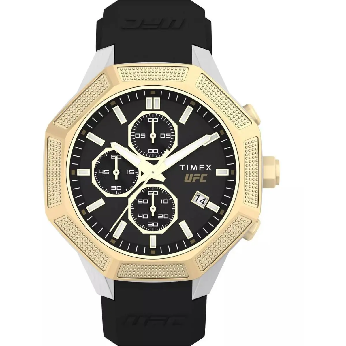 Timex TW2V87300 Men`s Ufc King Gold Tone Bezel Black Strap Chrono 45MM Watch