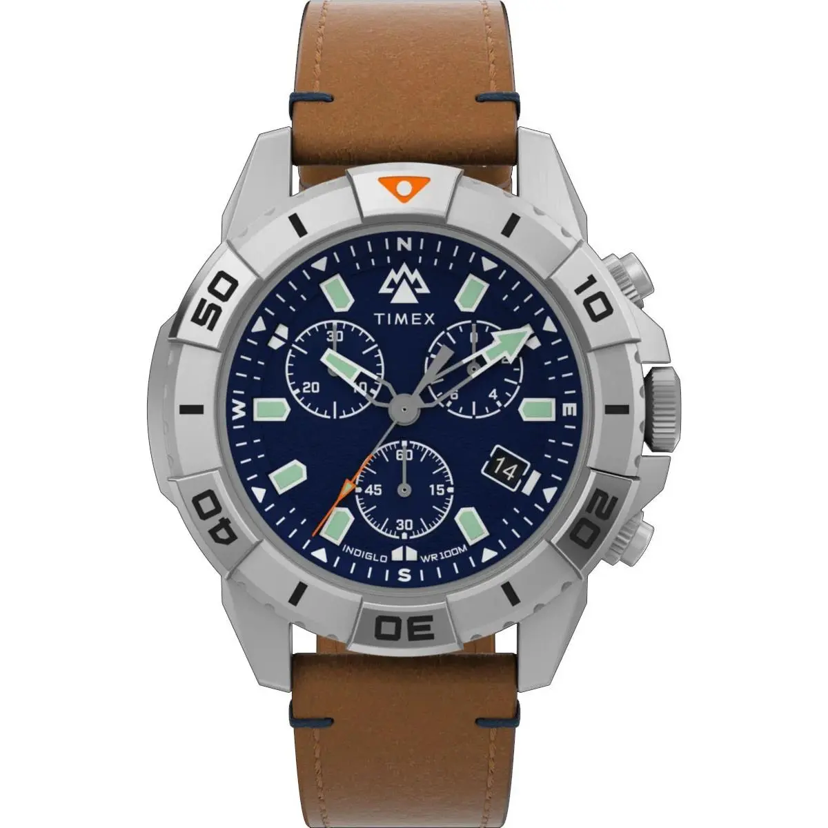 Timex TW2W16300 Men`s Expedition North Ridge Leather Band Chronograph Watch - Dial: Blue, Band: Brown, Bezel: Silver