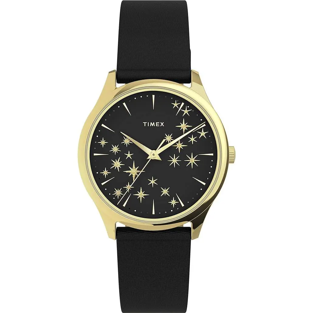 Timex Women`s Starstruck 32mm Watch Gold-tone Case Indiglo Black Leather Band - Dial: Black, Band: Black, Bezel: Gold