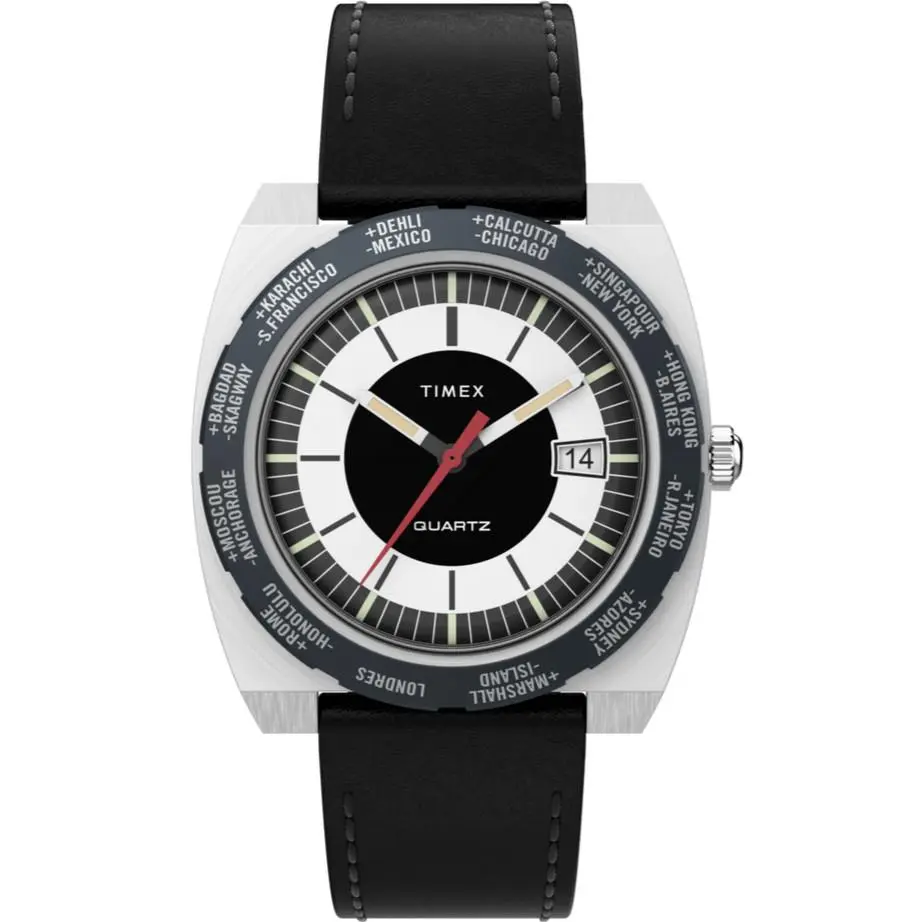 World Time Reissue 39mm Leather Strap Black Dial Quartz Watch TW2V69500 by Timex