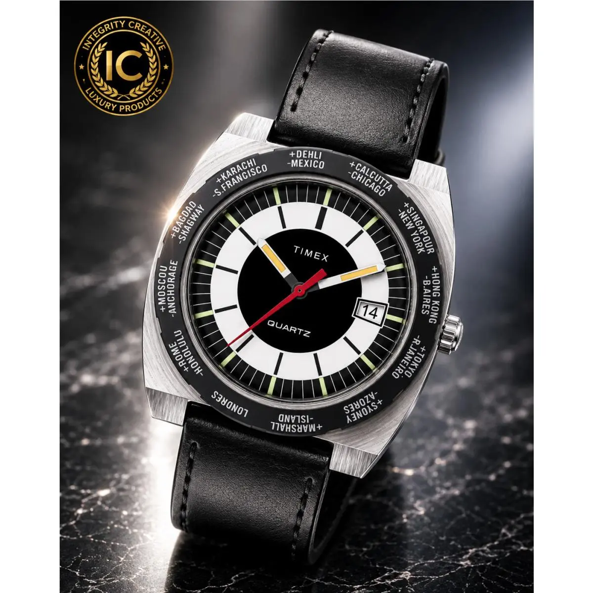 Timex Men`s World Reissue Watch Stainless Steel Case Black White Dial Leather