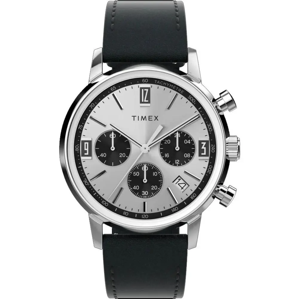 Timex TW2W10300 Men`s Marlin Silver Dial Black Leather Band Chronograph Watch