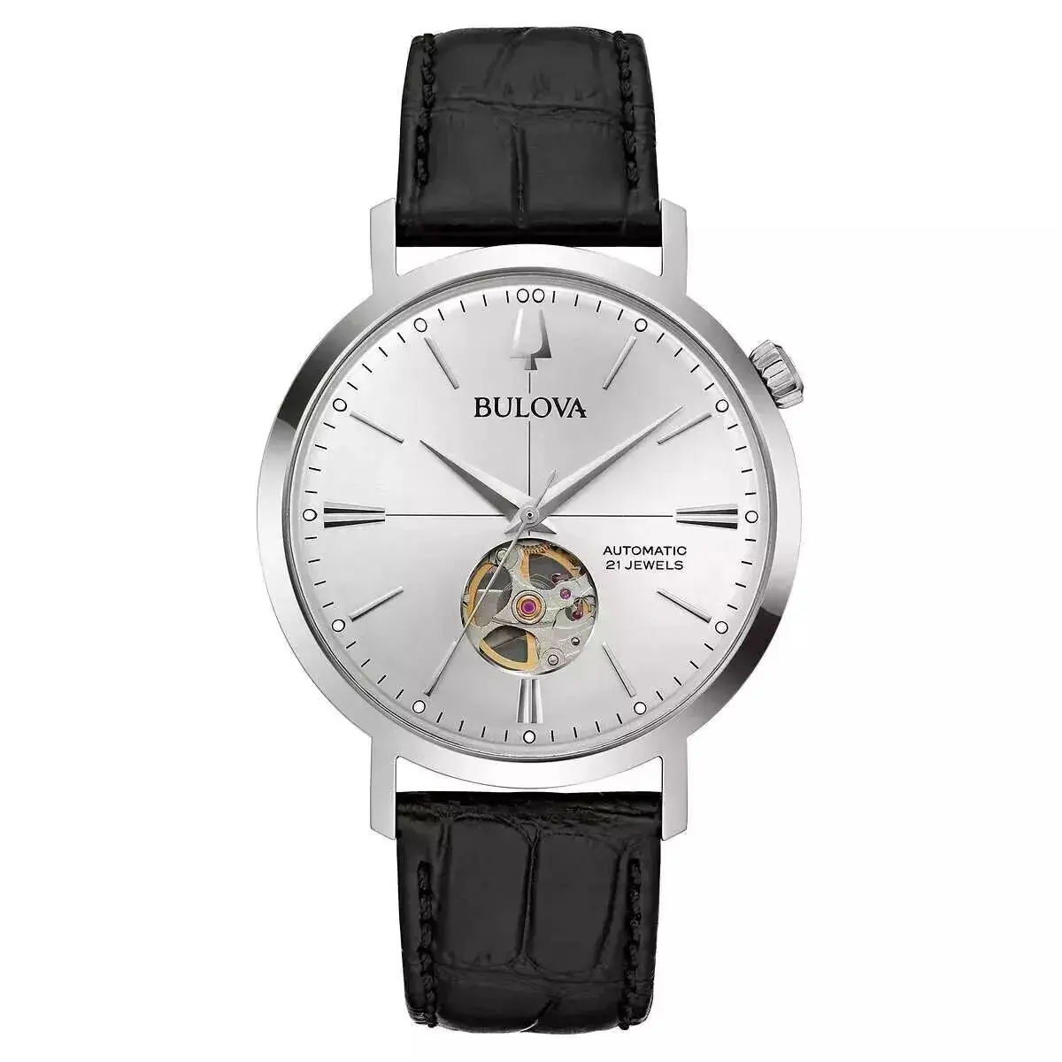 Bulova Men`s Aerojet Stainless Steel Black Leather Automatic Watch 96A315