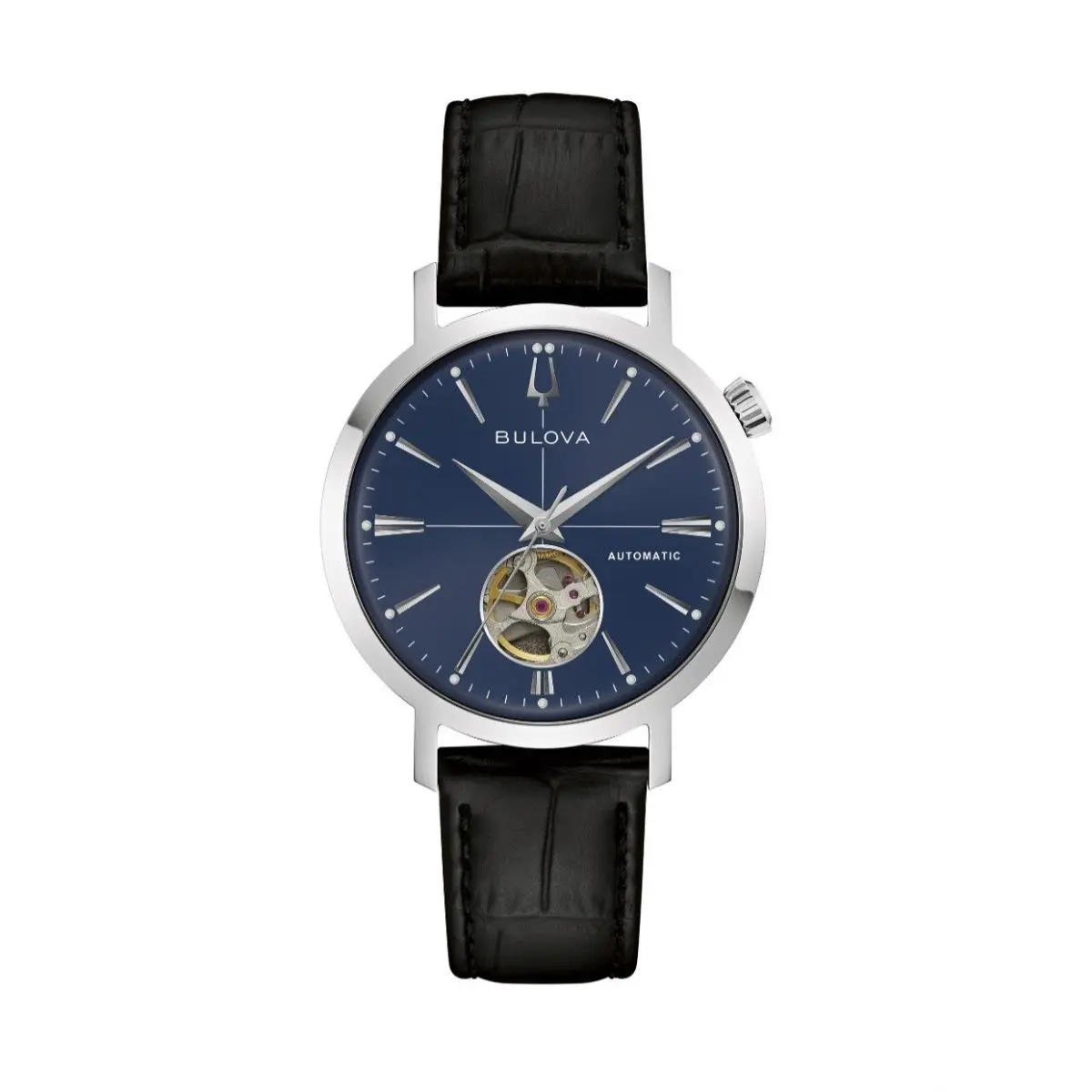 - Aerojet Blue Stainless Steel Leather Automatic Men`s Watch - 96A342 by Bulova