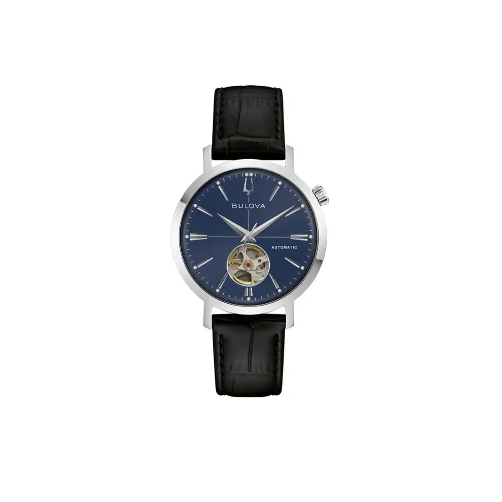 Bulova Aerojet Blue Stainless Steel Leather Automatic Men`s Watch - 96A342
