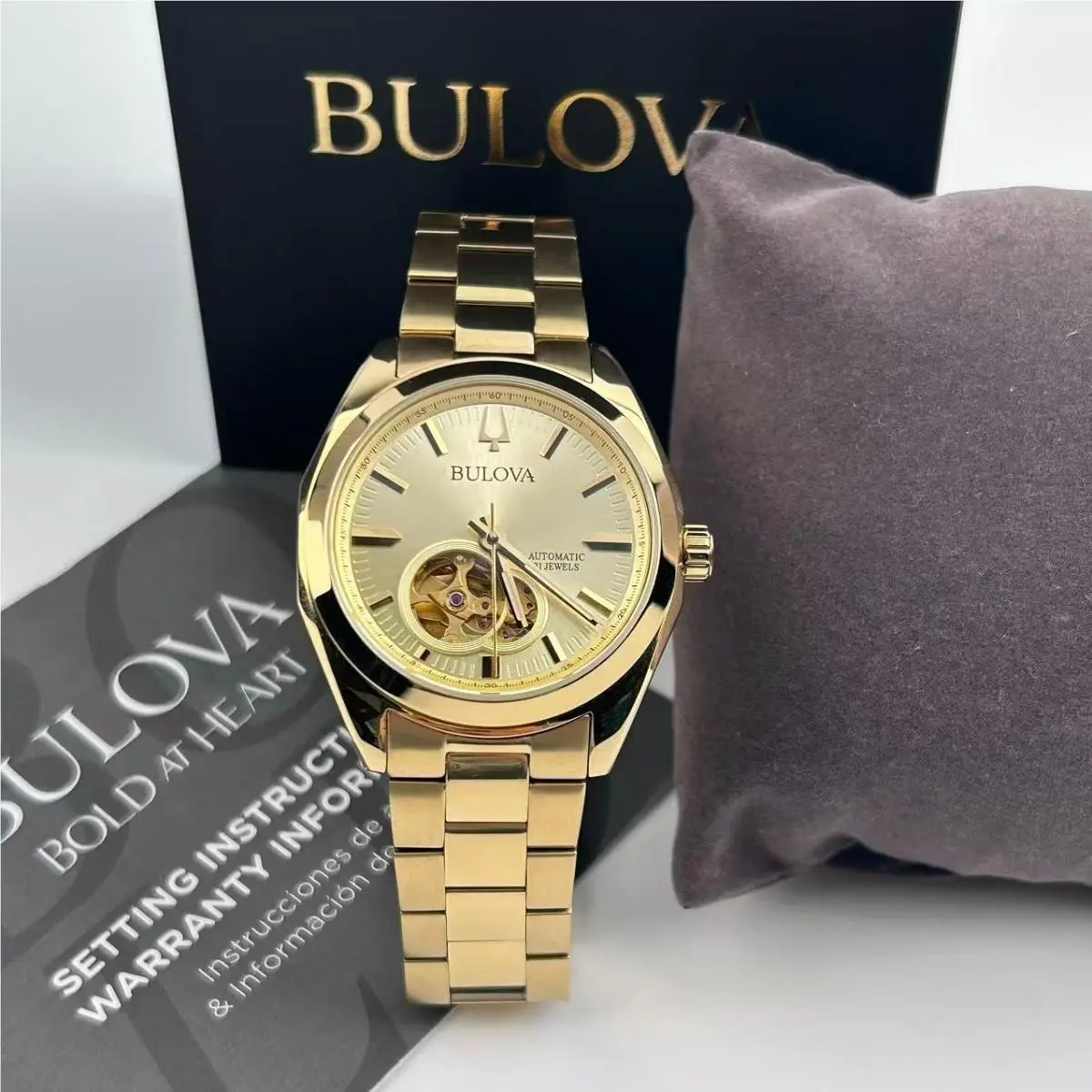 Bulova Surveyor Men`s Automatic Watch Gold Tone Dial Stainless Steel 97A182 39mm