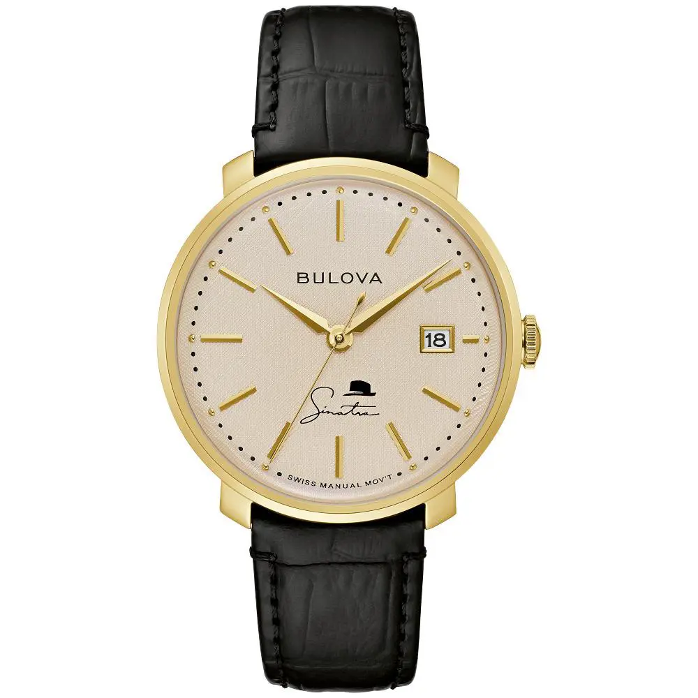 Bulova Frank Sinatra The Best is Yet to Come Mens Watch 97B195 - Dial: Cream, Band: Black, Bezel: Gold