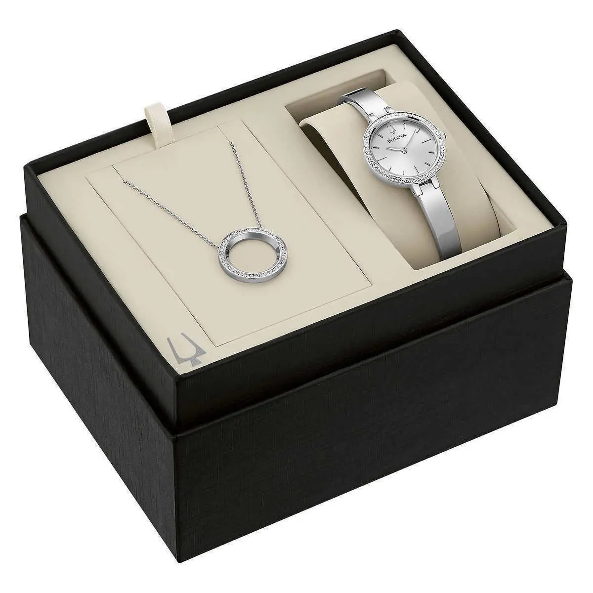 Bulova 96X154 Silver Tone Swarovski Crystal Watch Crystal Halo Pendant Set