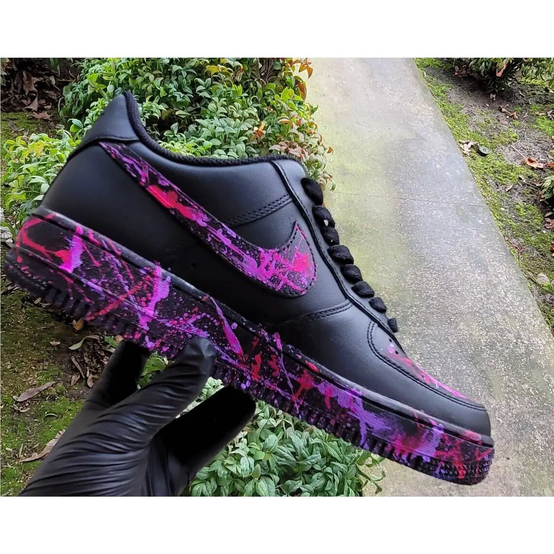 Nike Air Force 1 Custom Purple Pink Neon Splatter Swoosh Black Shoes Mens Womens