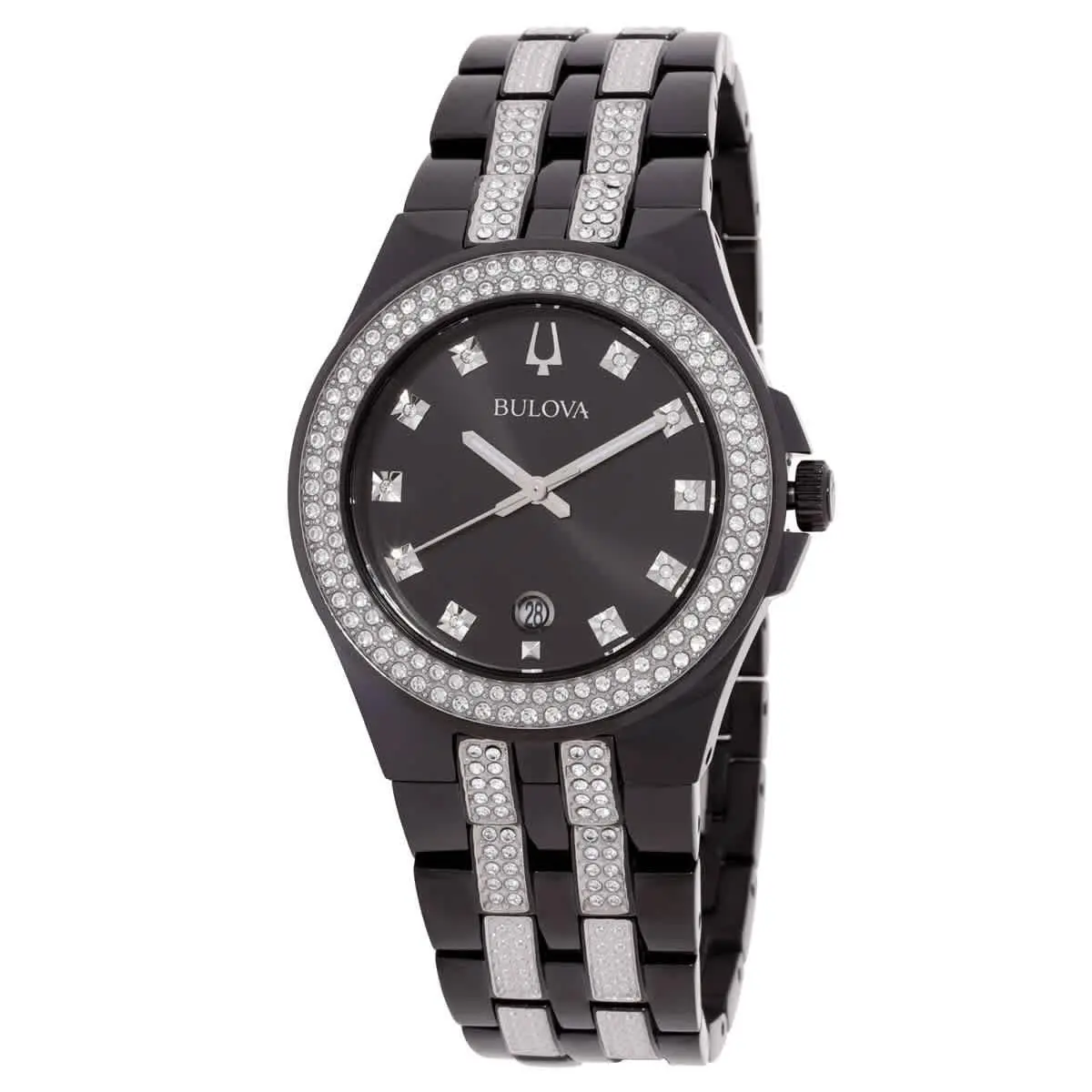 Bulova Quartz Crystal Black Dial Men`s Watch and Dog Tag 98K101 - Dial: Black, Band: Black, Bezel: Silver