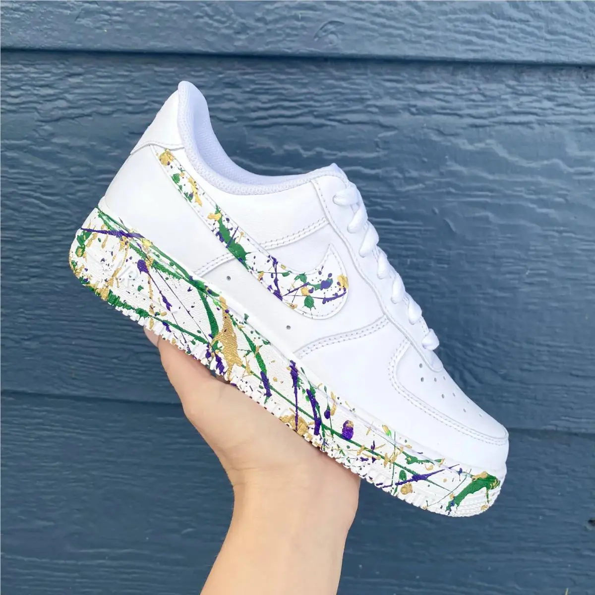 Nike Air Force 1 Custom Party Shoes `mardi Gras Splatter` Purple Green Gold All Sizes