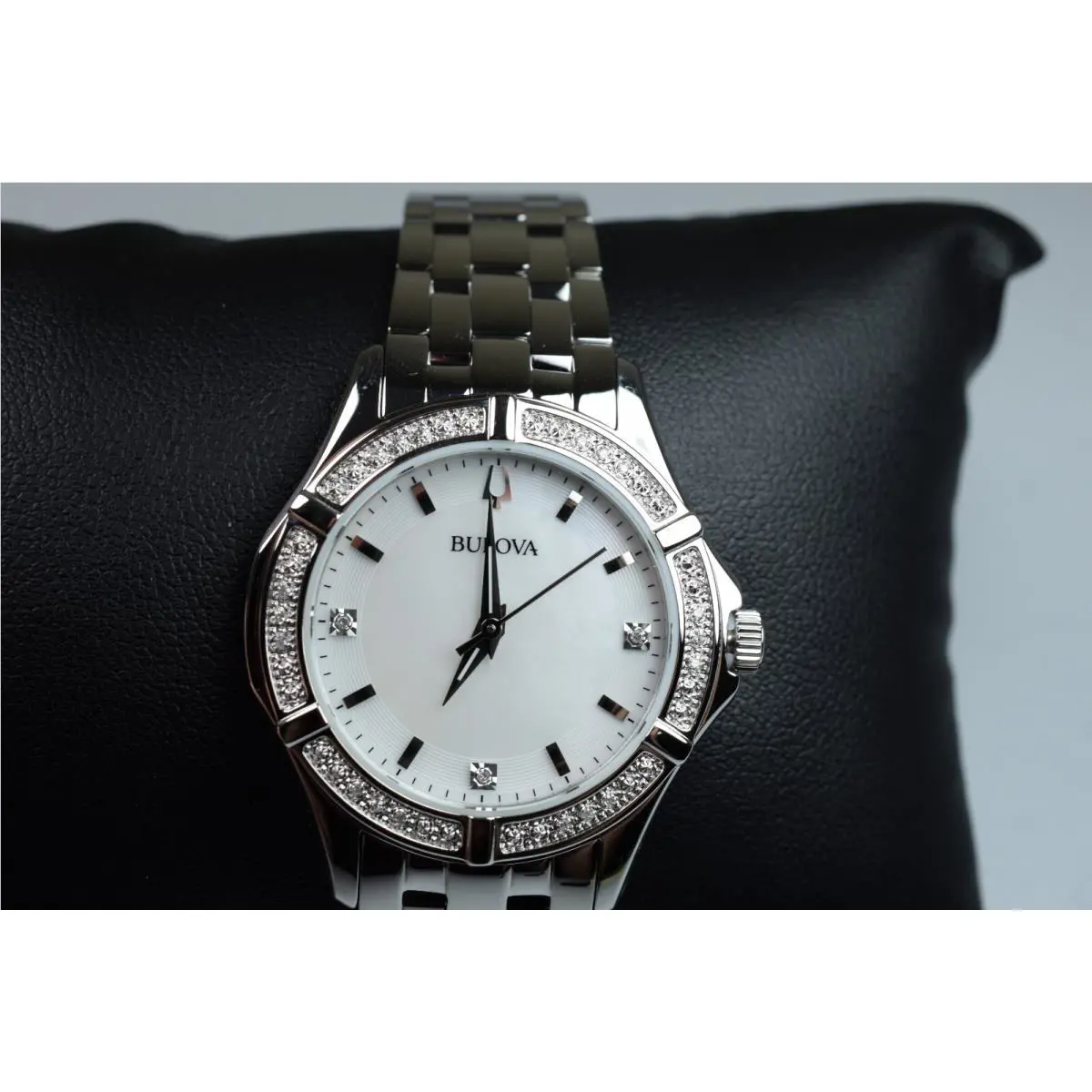 Bulova Women`s Quartz Diamond Silver-tone Mother of Pearl 32mm Watch 96R233 - Dial: White, Band: Silver, Bezel: Silver