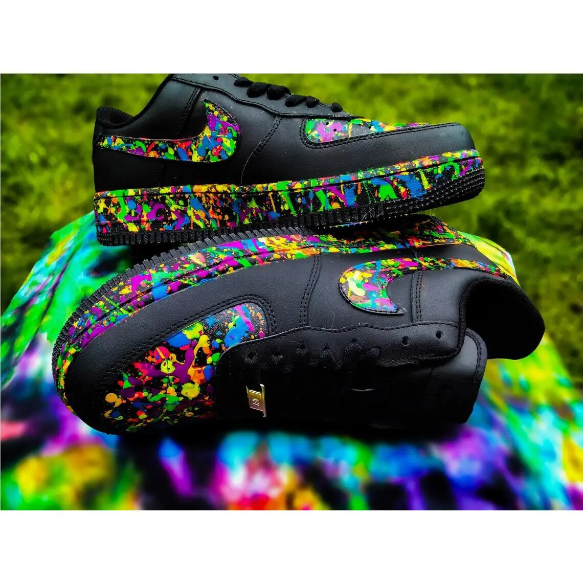 Nike Custom Air Force 1 Rainbow Tie Dye Splatter Black Shoes Mens Womens
