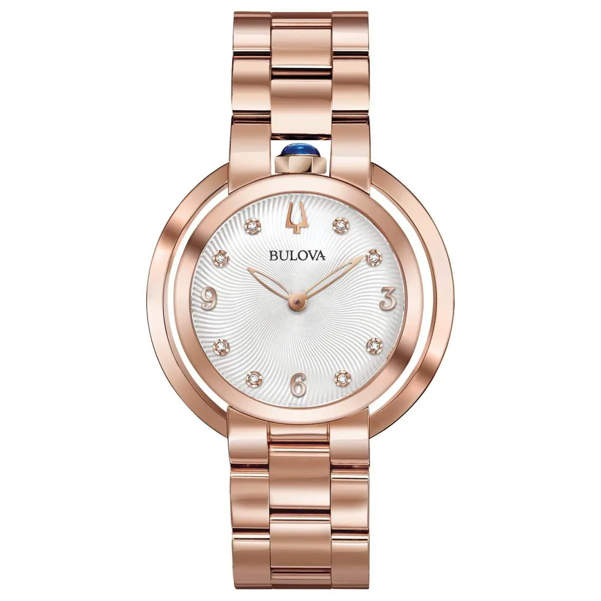 Bulova Ladies Rubaiyat Rose Gold Tone Diamond White Dial 35mm Watch 97P130 - Dial: White, Band: Rose Gold, Bezel: Rose Gold