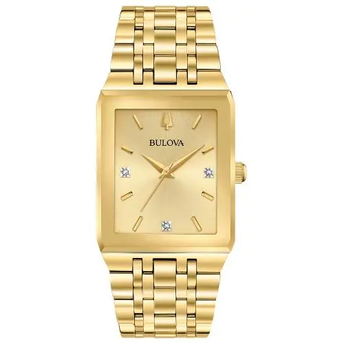 Bulova Quadra Diamonds Rectangle Gold Dial Mens Watch 97D120 - Dial: Champagne, Band: Gold, Bezel: Gold