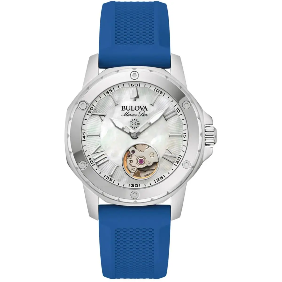 Bulova Men`s Watch Marine Star Automatic Open Heart Mop Dial Blue Strap 96L324 - Dial: White, Mother of Pearl, Band: Blue
