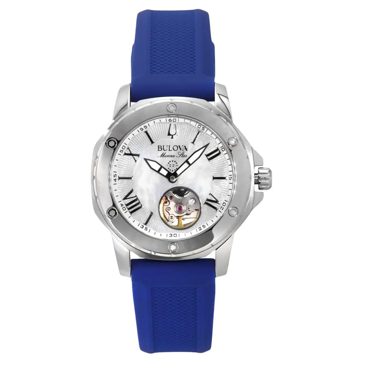 Bulova Marine Mother Of Pearl Dial Automatic Casual 100M Women`s Watch 96L324 - Dial: Mother Of Pearl, Band: Blue, Bezel: Silver