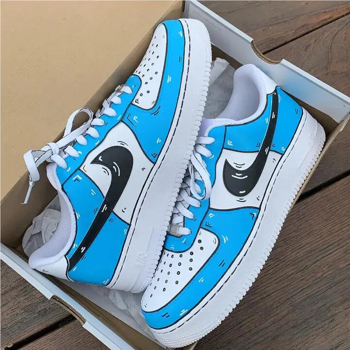 Nike Air Force 1 Custom White Shoes Light Blue Cartoon Outline Retro Mens Womens