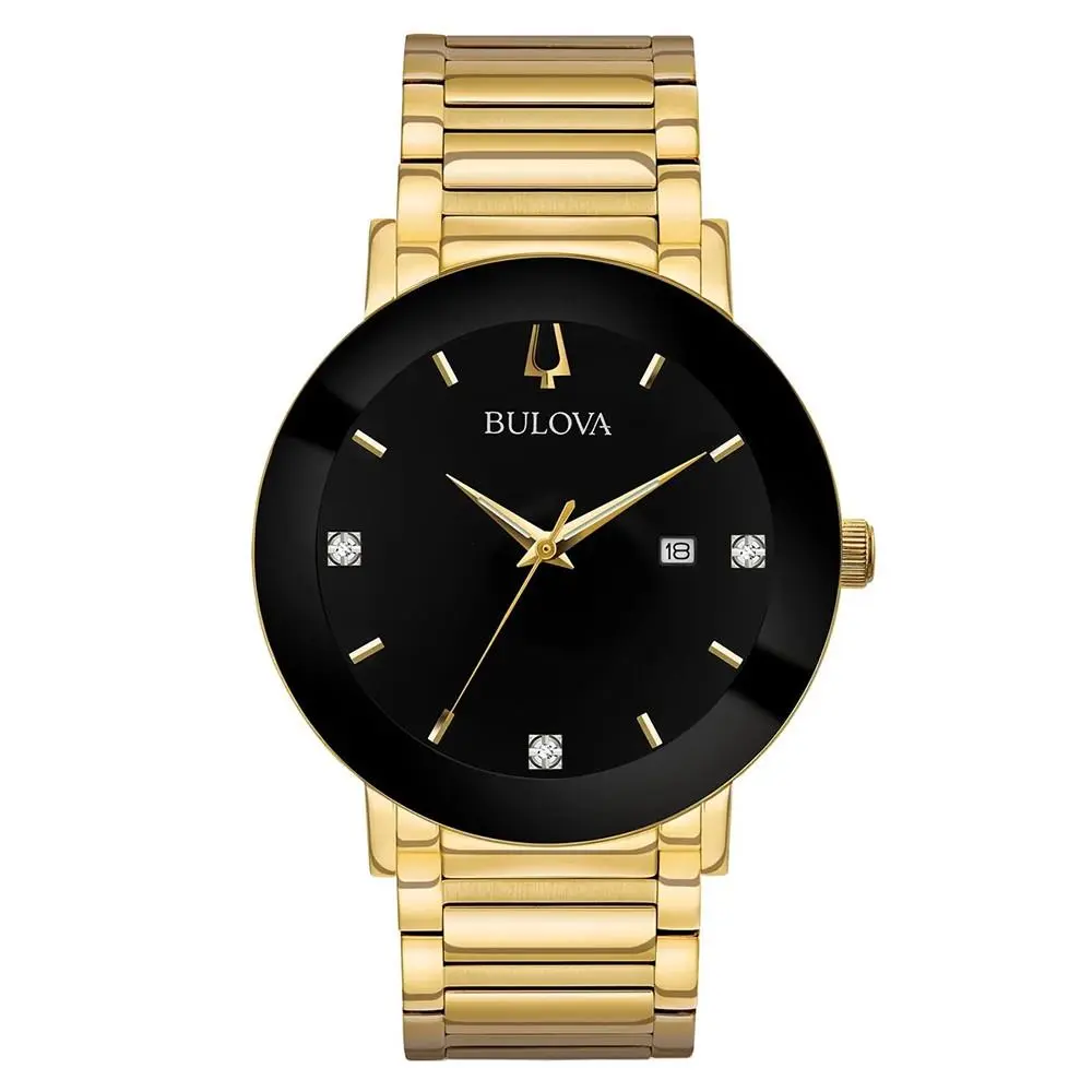 Bulova Modern Series Futuro 97D116 Black IP and Gold-tone Men`s Quartz Watch - Dial: Black, Band: Gold, Bezel: Gold