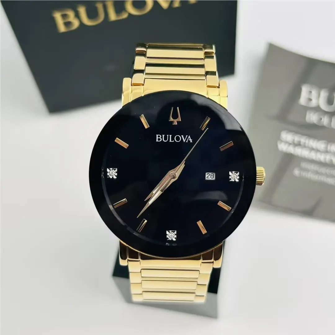 Bulova Futuro Modern Men`s 97D116 Black Dial Gold Strap Chronograph Quartz Watch - Dial: Black, Band: Gold, Bezel: Gold