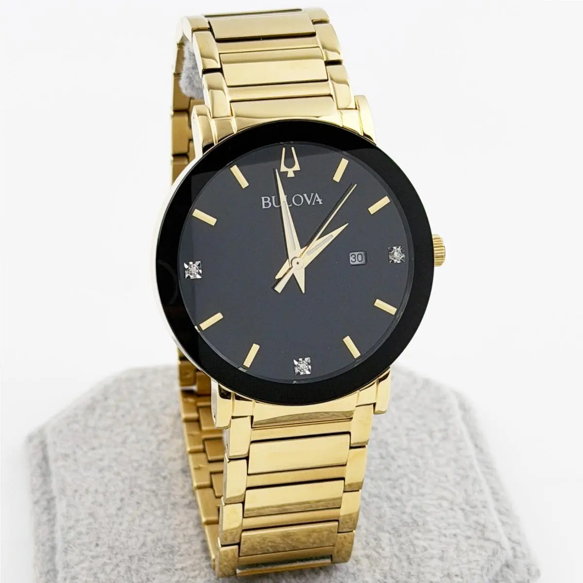 Bulova Modern Futuro Calendar Quartz Stainless Steel Men`s Watch 42 MM 97D116 - Dial: Black, Band: Gold, Bezel: Black