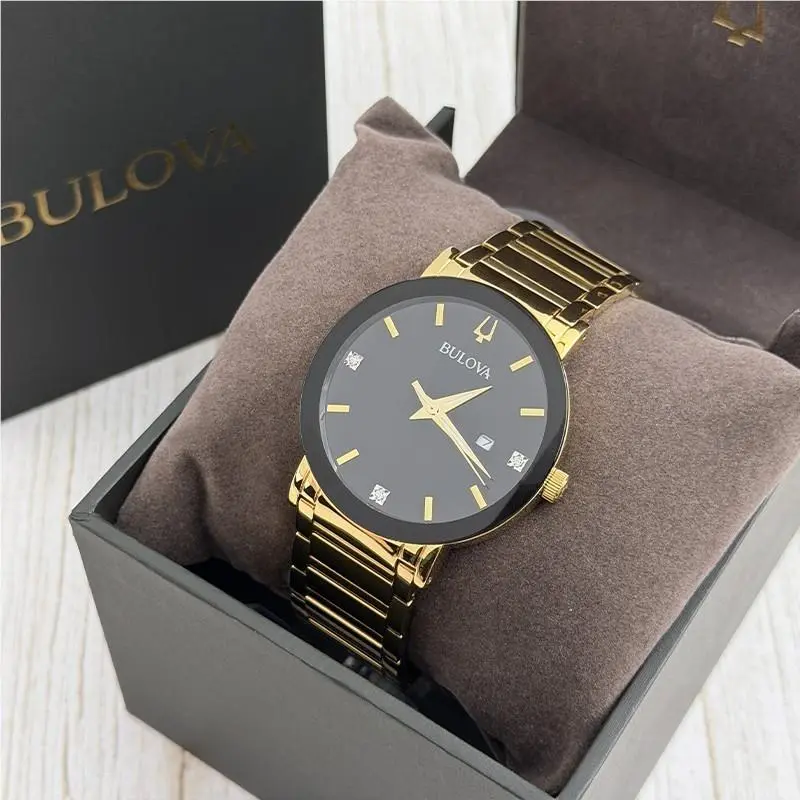 Bulova Modern Futuro Black Dial Gold Steel Men`s Quartz Watch 42mm 97D116 - Dial: Black, Gold, Band: Gold, Bezel: Black