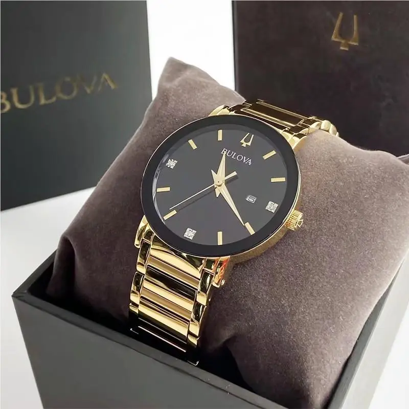 Bulova Men Modern Futuro Black Gold Diamond Dial Quartz Watch 97D116 42mm - Dial: Black, Band: Gold, Bezel: Black