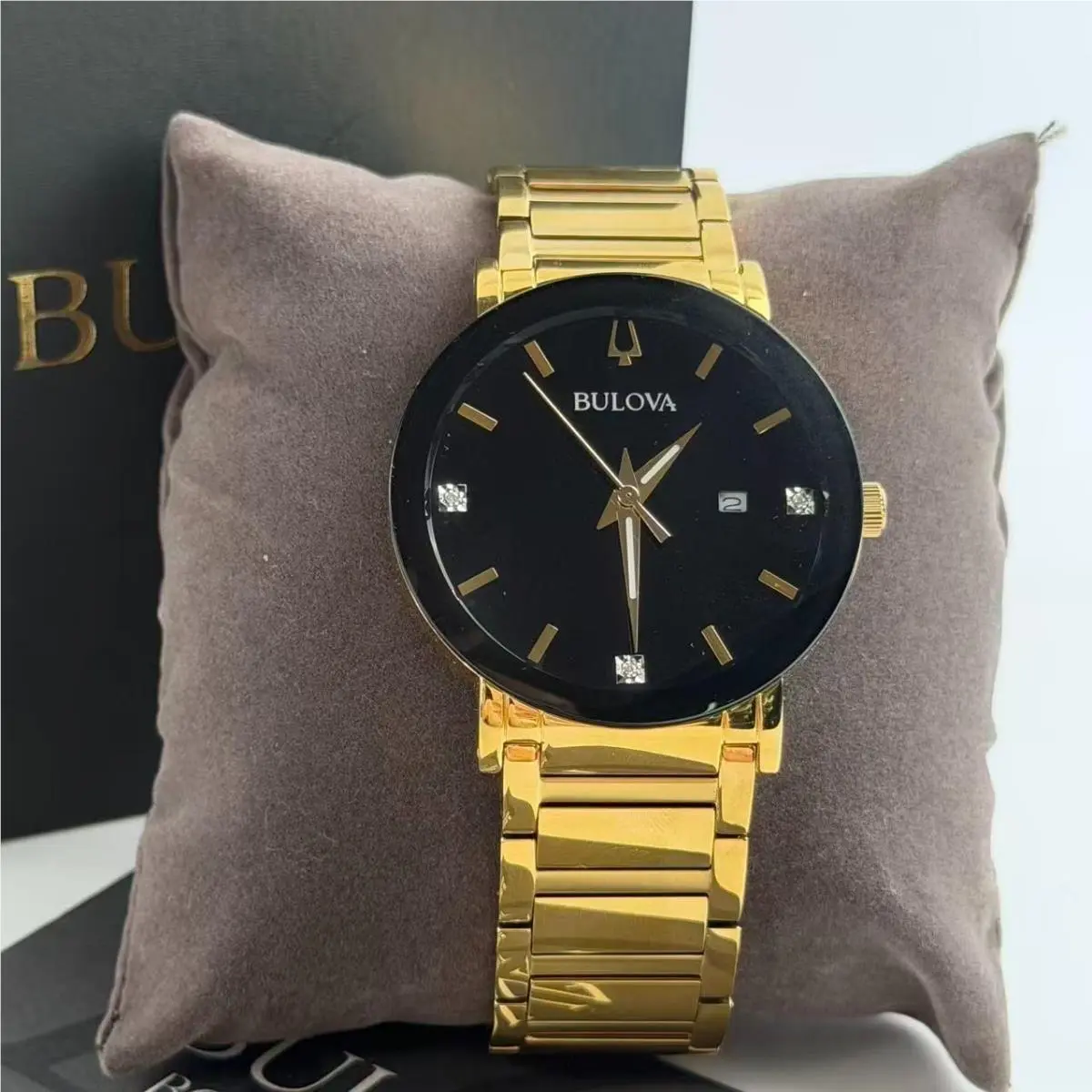 Bulova Futuro Modern 97D116 Men`s Quartz Watch Black Diamond Dial 42mm - Dial: Black, Band: Gold