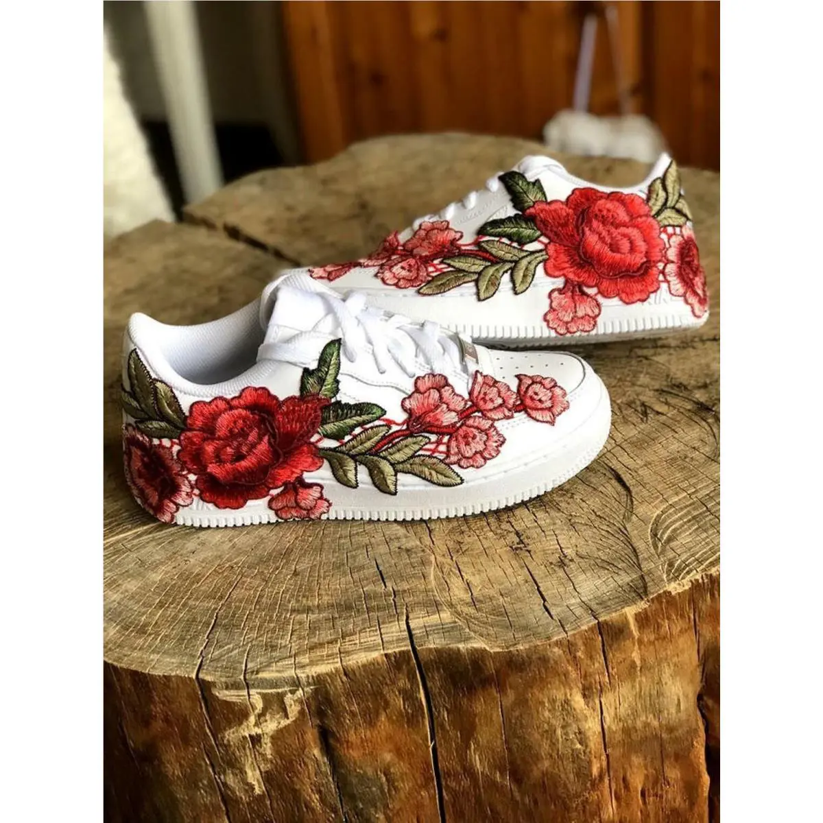 Nike Air Force 1 Custom Shoes White Red Embroidery Rose Floral Flower Mens Size 11