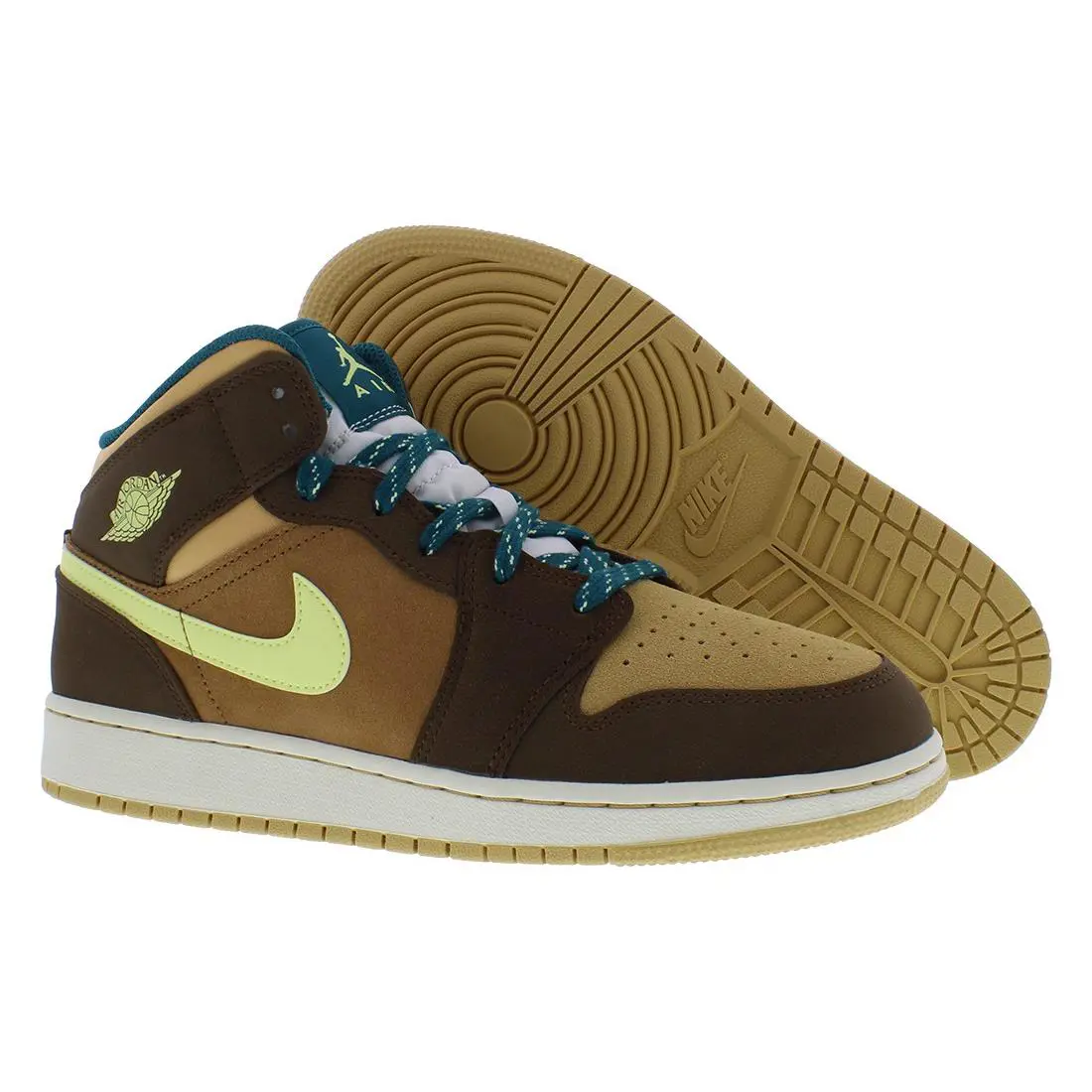 Nike Air Jordan 1 Mid SE GS Boys Shoes Size 7 Color: Cacao Wow/luminous Green - Cacao Wow/Luminous Green, Main: Brown