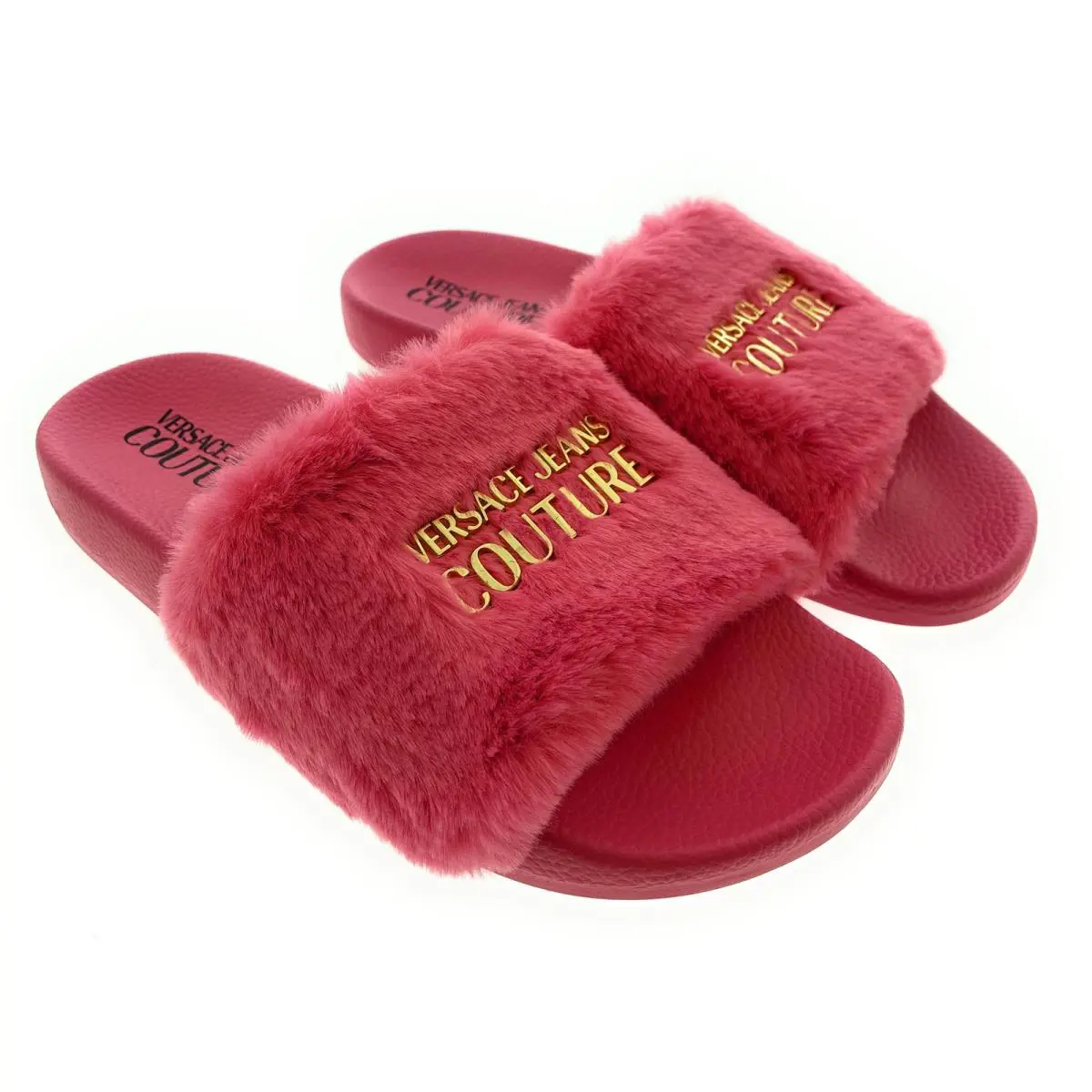 Versace Jeans Couture Womens Rose Fur Signature Slides - Rose