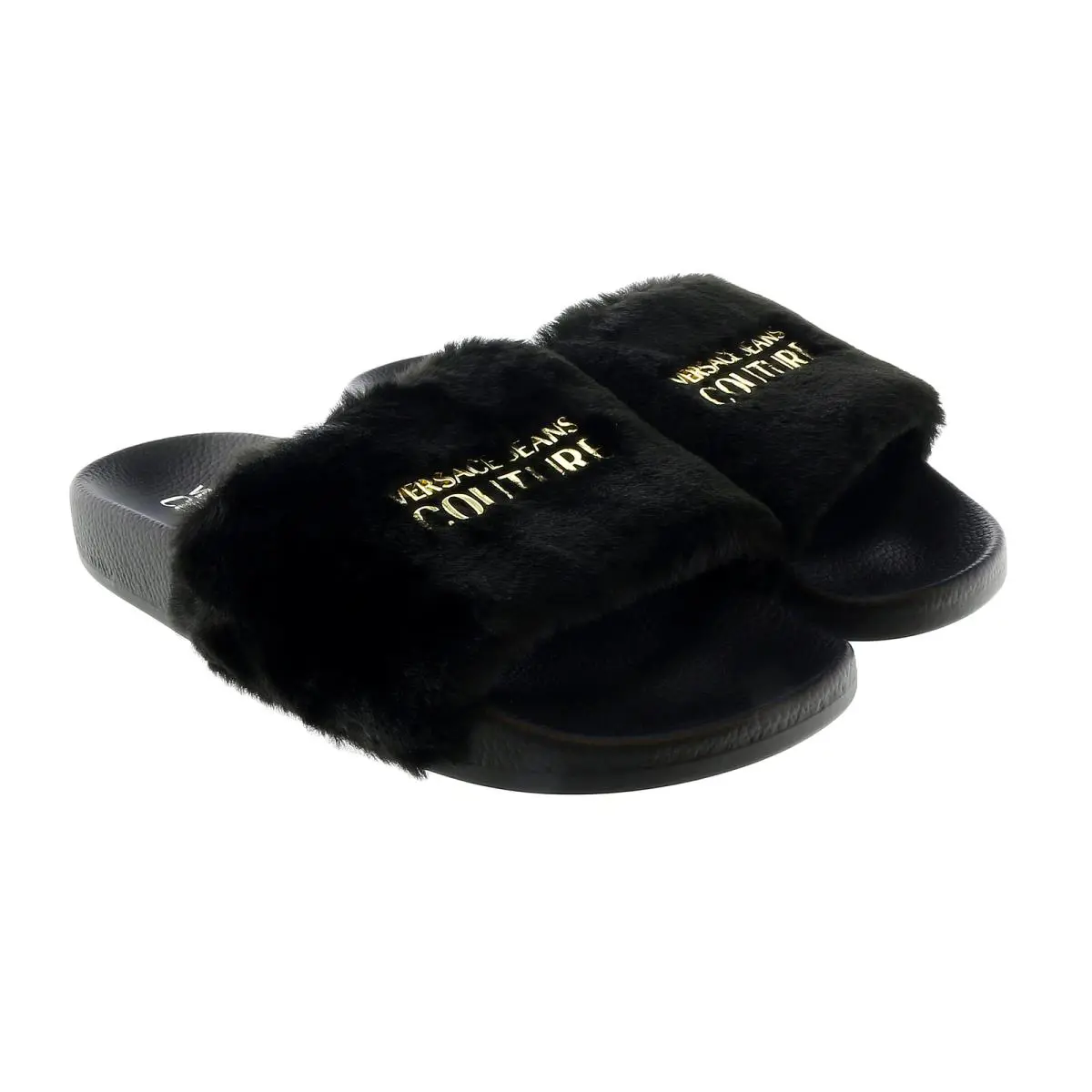 Versace Jeans Couture Womens Black Fur Signature Slides