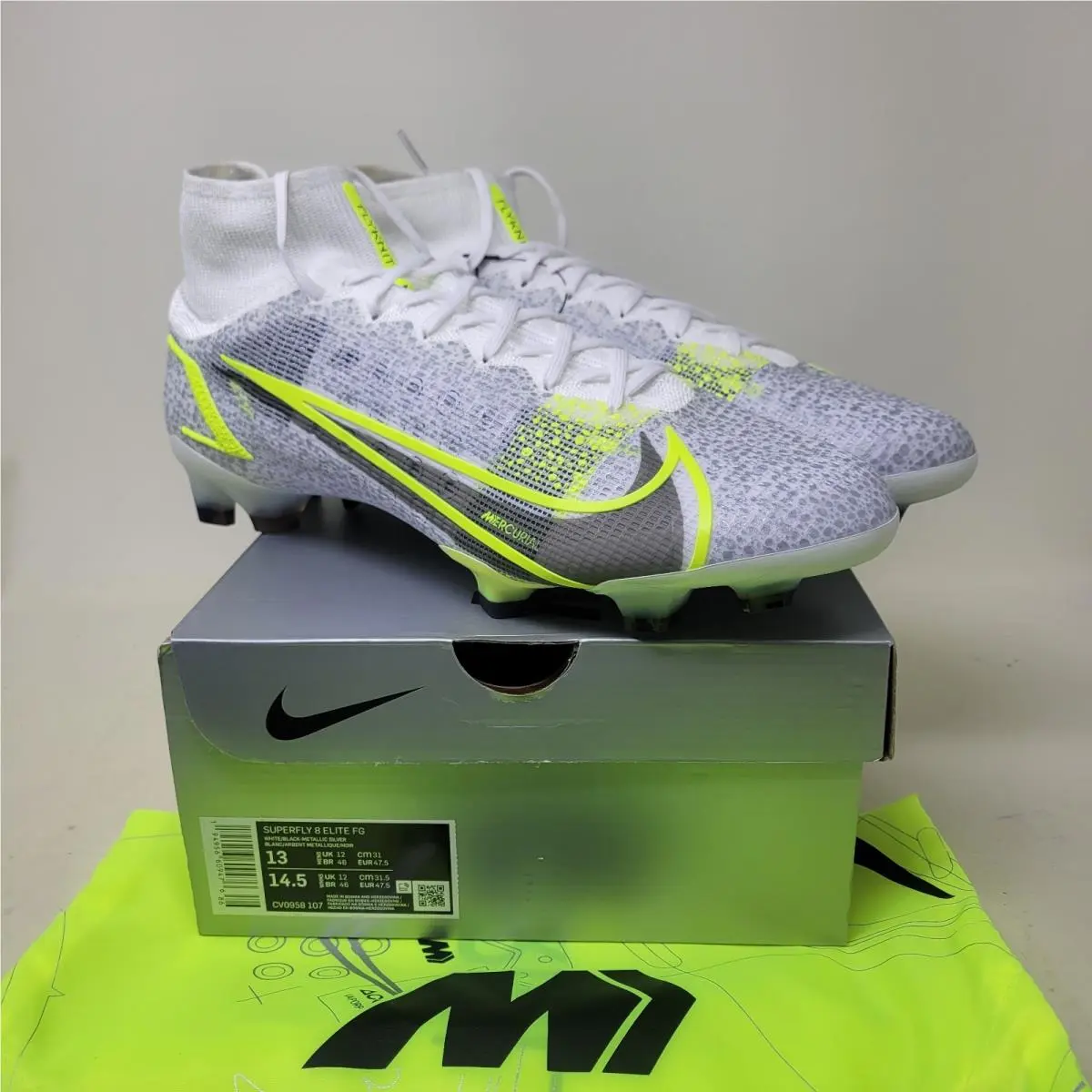 Nike Mercurial Superfly 8 Elite FG `white Volt` Men`s Size 13 CV0958-107